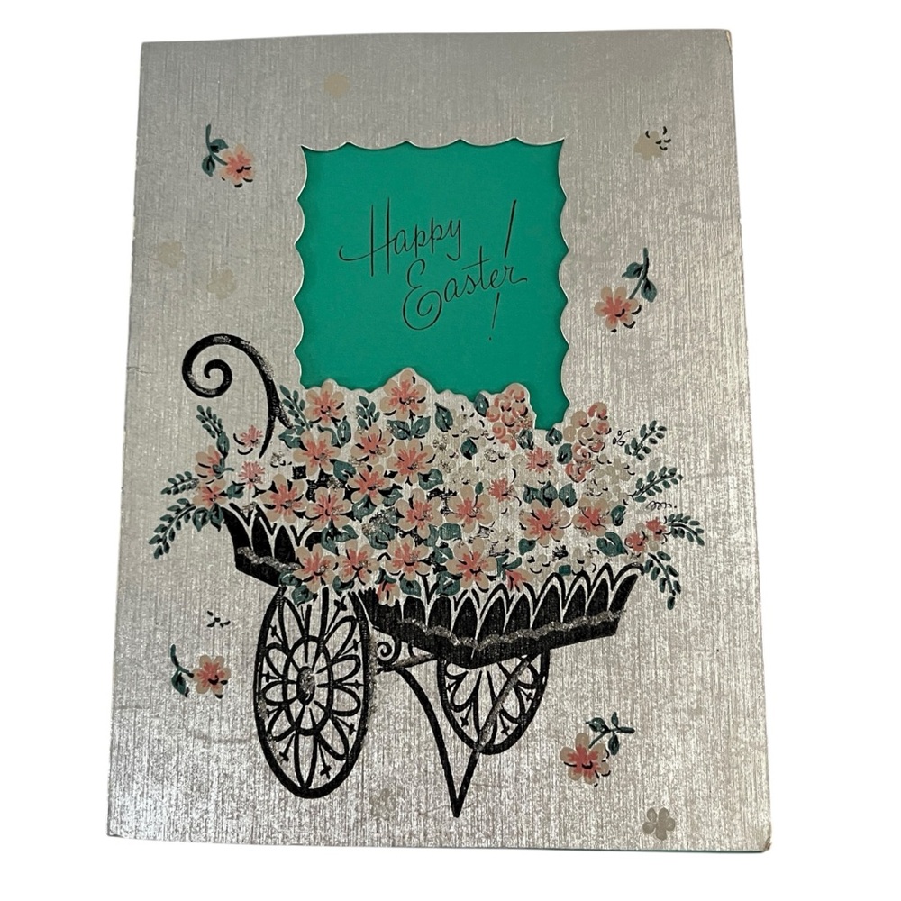 Unused Vintage Greeting Card Happy Easter Flower Cart Cutout Silver Blue Die Cut